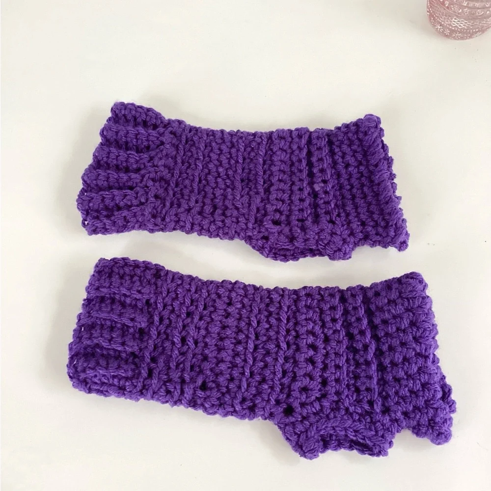 Gloves Fingerless Hand Crafted Crochet Purple Striped
